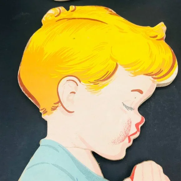 50s Dolly Toy Co Praying Kids Pressed Cardboard Wall Hangings Set Vintage Kitsch - Picture 13 of 14